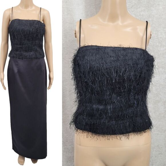 Morgan and Co. Y2K Formal Dress Black Eyelash Fringe Top Satin Skirt Prom - Picture 1 of 15